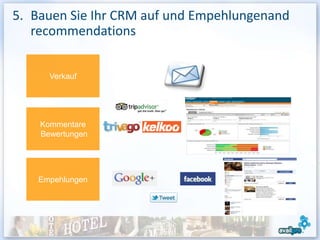 5. Bauen Sie Ihr CRM auf und Empehlungenand
   recommendations


      Verkauf




    Kommentare
    Bewertungen




    Empehlungen




                                              12
 