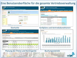 Eine Benutzeroberfläche für die gesamte Vertriebsverwaltung




        Startseite                      Tarifpläne und Vertriebskonditionen




   Planung der Preise und Kontingente         Buchungsstatistik
                                                                              20
 