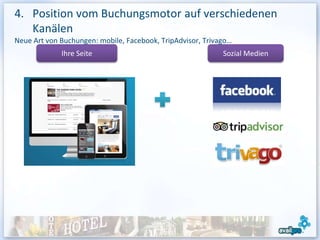 4. Position vom Buchungsmotor auf verschiedenen
   Kanälen
Neue Art von Buchungen: mobile, Facebook, TripAdvisor, Trivago…
             Ihre Seite                                     Sozial Medien
 