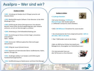 Availpro – Wer sind wir?
                Availpro in Daten
                                                                               Availpro in Zahlen
• 2001: Gründung von Availpro durch Philippe Lamarche und
Sebastien Boher                                                         • 11-jähriges Bestehen
• 2003: Markteinführung der Software. Erster Benutzer ist das Hôtel     • Seit seiner Gründung: 10 Millionen
Maubeuge in Paris.                                                      Übernachtungen über Availpro gebucht
                                                                        (= 1 Milliarde € Umsatz für unsere Hoteliers)
• 2003: Einführung des Online-Zahlungsservices: Eine absolute
Neuheit! Hotels ziehen die Buchungsbeträge ganz oder teilweise
online ein, um sich vor Stornierungen zu schützen.                      • 2010: 240 Millionen € Einnahmen für unsere Kunden
• 2004: Verbindung zur Vertriebswebsite Booking.com
                                                                        • Das Umsatzvolumen der Firma steigt kontinuierlich: +60% im
• 2005: Auszeichnung von Siriona mit dem Siegel „Innovatives            Jahr 2010, +36% im Jahr 2011
Unternehmen
OSEO – ANVAR“                                                           • Über 7.500 Kunden rund um den Globus
• 2008: Grenze der 2 Millionen gebuchten Übernachtungen
überschritten!                                                          • Mehr als 300 Partner (Online-Vertriebsfirmen,
                                                                        Webagenturen, Herausgeber von Hotelsoftware usw.)
• 2009: Erfolg der neuen Extranet-Version

• 2010: Expansion auf internationaler Ebene: Großbritannien, Italien,   • Ein internationales Team von
Spanien, Portugal usw.                                                  über 50 Personen zu Ihren Diensten
• 2011: 10-jähriges Jubiläum von Availpro und Einführung der
Facebook-Buchungsmaschine

• 2012: Veröffentlichung von RateScreener und Direct Click Manager
 