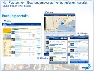 4. Position vom Buchungsmotor auf verschiedenen Kanälen
Ja, die grossen tun es bereits

                                         iPad app
Buchungsportale…
Website




                                                    Mobile app




                                 Mobile site
 