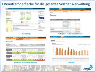 1 Benutzeroberfläche für die gesamte Vertriebsverwaltung




                  Homepage                Rate plans and sales conditions




        Price and availability planning                Statistics


                                                                            48
 