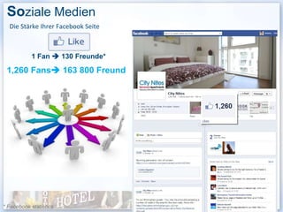 Soziale Medien
  Die Stärke Ihrer Facebook Seite



           1 Fan  130 Freunde*

 1,260 Fans 163 800 Freund




                                    14
* Facebook statistics
 