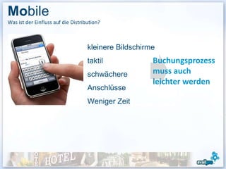 Mobile
Was ist der Einfluss auf die Distribution?



                                    kleinere Bildschirme
                                    taktil             Buchungsprozess
                                    schwächere         muss auch
                                                       leichter werden
                                    Anschlüsse
                                    Weniger Zeit
 