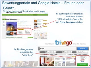 Bewertungportale und Google Hotels – Freund oder
Feind?
Direktbuchungen auf TripAdvisor and trivago
                                              Ihr Buchungsmotor erscheint
                                                          unter dem Namen
                                                “Official website” wenn Sie
                                               auf Preise Anzeigen drücken




           Ihr Buchungsmotor
                 erscheint bei
                   “View Deal”
 