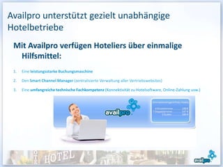 Availpro unterstützt gezielt unabhängige
Hotelbetriebe
 Mit Availpro verfügen Hoteliers über einmalige
  Hilfsmittel:
 1.   Eine leistungsstarke Buchungsmaschine

 2.   Den Smart Channel Manager (zentralisierte Verwaltung aller Vertriebswebsites)

 3.   Eine umfangreiche technische Fachkompetenz (Konnektivität zu Hotelsoftware, Online-Zahlung usw.)

                                                                             Zimmerkontingent Ihres Hotels:

                                                                               4 Einzelzimmer……………..120 €
                                                                             7 Doppelzimmer…………….. 147 €
                                                                                     3 Suiten …………….. 180 €
 
