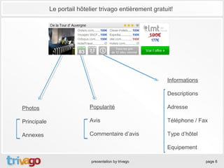Le portail hôtelier trivago entièrement gratuit!




                                                          Informations

                                                          Descriptions

Photos                      Popularité                    Adresse

Principale                  Avis                          Téléphone / Fax

Annexes                     Commentaire d’avis            Type d’hôtel

                                                          Equipement

                             presentation by trivago                     page 8
 