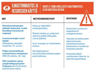 Hidas ja riittämätön
ilmastopolitiikka.
Raskas teollisuus, pohjoinen
sijainti ja pitkät etäisyydet,
suuret päästöt.
Suuri energian ja materiaalien
kulutus.
Kierrätyksessä ja
resurssituottavuudessa paljon
parannettavaa.
Kasvihuonekaasujen
päästöt laskeneet, mutta
tavoitteet koventuvat
nopeasti
Luonnonvarojen suuri
käyttö
(Ekologinen jalanjälki
maailman 15. suurin)
Paljon parannettavaa
uusiutuvassa energiassa
(RECAI-vertailu, 36. sija)
Silti maailman paras
ympäristökysymysten
hoidossa (Environmental
performance index)
Siirtyminen uusiutuviin
hajautettuihin
energiamuotoihin
Talouden ja teollisuuden
rakennemuutos:
vähähiiliset korkean
jalostusarvon tuotteet ja
erityisesti palvelut
Ilmastotavoitteet
uudistamaan liikenne- ja
rakentamispolitiikkaa
 
