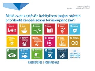 Mitkä ovat kestävän kehityksen laajan paketin
prioriteetit kansallisessa toimeenpanossa?
 