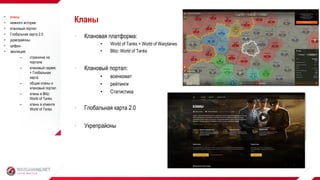 • Клановая платформа:
• World of Tanks ‎+ World of Warplanes
• Blitz: World of Tanks
• Клановый портал:
• военкомат
• рейтинги
• Статистика
• Глобальная карта 2.0
• Укрепрайоны
Кланы кланы
 немного истории
 клановый портал
 Глобальная карта 2.0
 укрепрайоны
 цифры
 эволюция:
– страничка на
портале
– клановый сервис
+ Глобальная
карта
– общие кланы и
клановый портал
– кланы в Blitz:
World of Tanks
– кланы в клиенте
World of Tanks
 