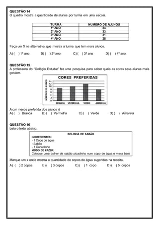 QUESTÃO 14 
O quadro mostra a quantidade de alunos por turma em uma escola. 
TURMA NÚMERO DE ALUNOS 
1º ANO 24 
2º ANO 33 
3º ANO 21 
4º ANO 28 
Faça um X na alternativa que mostra a turma que tem mais alunos. 
A) ( ) 1º ano B) ( ) 2º ano C) ( ) 3º ano D) ( ) 4º ano 
QUESTÃO 15 
A professora do “Colégio Estudar” fez uma pesquisa para saber quais as cores seus alunos mais 
gostam. 
A cor menos preferida dos alunos é 
A) ( ) Branca B) ( ) Vermelha C) ( ) Verde D) ( ) Amarela 
QUESTÃO 16 
Leia o texto abaixo. 
BOLINHA DE SABÃO 
INGREDIENTES: 
- 1 Copo de água 
- Sabão 
- 1 Canudinho 
MODO DE FAZER: 
Coloque uma colher de sabão picadinho num copo de água e mexa bem 
com o canudinho. Pegue o canudinho e sopre. Você fará muitas bolinhas. 
Marque um x onde mostra a quantidade de copos de água sugeridos na receita. 
A) ( ) 2 copos B) ( ) 3 copos C) ( ) 1 copo D) ( ) 5 copos 
