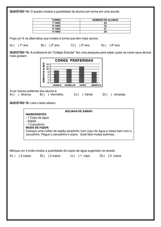QUESTÃO 14: O quadro mostra a quantidade de alunos por turma em uma escola.
TURMA NÚMERO DE ALUNOS
1º ANO 24
2º ANO 33
3º ANO 21
4º ANO 28
Faça um X na alternativa que mostra a turma que tem mais alunos.
A) ( ) 1º ano B) ( ) 2º ano C) ( ) 3º ano D) ( ) 4º ano
QUESTÃO 15: A professora do “Colégio Estudar” fez uma pesquisa para saber quais as cores seus alunos
mais gostam.
A cor menos preferida dos alunos é
A) ( ) Branca B) ( ) Vermelha C) ( ) Verde D) ( ) Amarela
QUESTÃO 16: Leia o texto abaixo.
Marque um x onde mostra a quantidade de copos de água sugeridos na receita.
A) ( ) 2 copos B) ( ) 3 copos C) ( ) 1 copo D) ( ) 5 copos
BOLINHA DE SABÃO
INGREDIENTES:
- 1 Copo de água
- Sabão
- 1 Canudinho
MODO DE FAZER:
Coloque uma colher de sabão picadinho num copo de água e mexa bem com o
canudinho. Pegue o canudinho e sopre. Você fará muitas bolinhas.
 