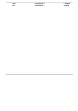 Flor ○
Fruto ○
○Gimnospermas ○
○Angiospermas ○
○Cotilédone
○Semente
2
 