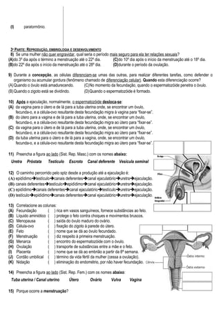 (I) paratormônio.
3ª PARTE: REPRODUÇÃO, EMBRIOLOGIA E DESENVOLVIMENTO
8) Se uma mulher não quer engravidar, qual seria o período mais seguro para ela ter relações sexuais?
(A)do 3º dia após o término a menstruação até o 22º dia.
(B)do 22º dia após o início da menstruação até o 28º dia.
(C)do 10º dia após o início da menstruação até o 18º dia.
(D)durante o período da ovulação.
9) Durante a concepção, as células diferenciam-se umas das outras, para realizar diferentes tarefas, como defender o
organismo ou acumular gordura (fenômeno chamado de diferenciação celular). Quando esta diferenciação ocorre?
(A)Quando o óvulo está amadurecendo.
(B)Quando o zigoto está se dividindo.
(C)No momento da fecundação, quando o espermatozóide penetra o óvulo.
(D)Quando o espermatozóide é formado.
10) Após a ejaculação, normalmente, o espermatozóide desloca-se:
(A) da vagina para o útero e de lá para a tuba uterina onde, se encontrar um óvulo,
fecunda-o, e a célula-ovo resultante desta fecundação migra à vagina para “fixar-se”.
(B) do útero para a vagina e de lá para a tuba uterina, onde, se encontrar um óvulo,
fecunda-o, e a célula-ovo resultante desta fecundação migra ao útero para “fixar-se”.
(C) da vagina para o útero e de lá para a tuba uterina, onde, se encontrar um óvulo,
fecunda-o, e a célula-ovo resultante desta fecundação migra ao útero para “fixar-se”.
(D) da tuba uterina para o útero e de lá para a vagina, onde, se encontrar um óvulo,
fecunda-o, e a célula-ovo resultante desta fecundação migra ao útero para “fixar-se”.
11) Preencha a figura ao lado (Sist. Rep. Masc.) com os nomes abaixo:
Uretra Próstata Testículo Escroto Canal deferente Vesícula seminal
12) O caminho percorrido pelo sptz desde a produção até a ejaculação é:
(A) epidídimotestículocanais deferentescanal ejaculatóriouretraejaculação.
(B) canais deferentestestículoepidídimocanal ejaculatóriouretraejaculação.
(C) epidídimocanais deferentescanal ejaculatóriotestículouretraejaculação.
(D) testículoepidídimocanais deferentescanal ejaculatóriouretraejaculação.
13) Correlacione as colunas:
(A) Fecundação ( ) rica em vasos sanguíneos, fornece substâncias ao feto.
(B) Líquido aminiótico ( ) protege o feto contra choques e movimentos bruscos.
(C) Menopausa ( ) saída do óvulo maduro do ovário.
(D) Célula-ovo ( ) fixação do zigoto à parede do útero.
(E) Feto ( ) nome que se dá ao óvulo fecundado.
(F) Menstruação ( ) diz respeito à primeira menstruação.
(G) Menarca ( ) encontro do espermatozóide com o óvulo.
(H) Ovulação ( ) transporte de substâncias entre a mãe e o feto.
(I) Placenta ( ) nome que se dá ao embrião a partir da 8ª semana.
(J) Cordão umbilical ( ) término da vida fértil da mulher (cessa a ovulação).
(K) Nidação ( ) eliminação do endométrio, por não haver fecundação.
14) Preencha a figura ao lado (Sist. Rep. Fem.) com os nomes abaixo:
Tuba uterina / Canal uterino Útero Ovário Vulva Vagina
15) Porque ocorre a menstruação?
 