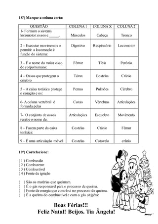 18º) Marque a coluna certa:
QUESTÃO COLUNA 1 COLUNA X COLUNA 2
1- Formam o sistema
locomotor:ossos e _____. Músculos Cabeça Tronco
2 – Executar movimentos e
permitir a locomoção é
função do sistema:
Digestivo Respiratório Locomotor
3 – É o nome do maior osso
do corpo humano:
Fêmur Tíbia Perônio
4 – Ossos queprotegem o
cérebro
Tórax Costelas Crânio
5 – A caixa toráxica protege
o coração e os:
Pernas Pulmões Cérebro
6- A coluna vertebral é
formada pelas
Coxas Vértebras Articulações
7- O conjunto de ossos
recebe o nome de:
Articulações Esqueleto Movimento
8 – Fazem parte da caixa
toráxica:
Costelas Crânio Fêmur
9 – É uma articulação móvel: Costelas Cotovelo crânio
19º) Correlacione:
( 1 ) Combustão
( 2 ) Comburente
( 3 ) Combustível
( 4 ) Fonte de ignição
( ) São os matérias que queimam.
( ) É o gás responsável para o processo de queima.
( ) Fonte de energia que contribui no processo de queima.
( ) É a queima do combustível e com o gás oxigênio
Boas Férias!!!
Feliz Natal! Beijos. Tia Ângela!
 