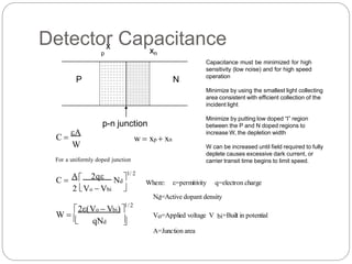 Detector
x Capacitance
p xn
For a uniformly doped junction
Where: =permitivity q=electron charge
Nd=Active dopant density...