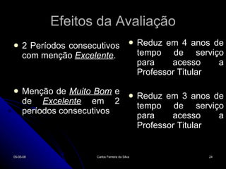 Efeitos da Avaliação 2 Períodos consecutivos com menção  Excelente . Menção de  Muito Bom  e de  Excelente  em 2 períodos consecutivos Reduz em 4 anos de tempo de serviço para acesso a Professor Titular Reduz em 3 anos de tempo de serviço para acesso a Professor Titular 02-06-09 Carlos Ferreira da Silva 
