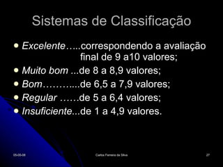 Sistemas de Classificação Excelente….. correspondendo a avaliação  final de 9 a10 valores; Muito bom ... de 8 a 8,9 valores; Bom………... de 6,5 a 7,9 valores; Regular …… de 5 a 6,4 valores; Insuficiente... de 1 a 4,9 valores. 02-06-09 Carlos Ferreira da Silva 