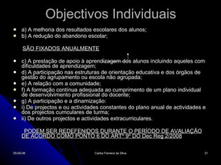 Objectivos Individuais a) A melhoria dos resultados escolares dos alunos; b) A redução do abandono escolar; SÃO FIXADOS ANUALMENTE c) A prestação de apoio à aprendizagem dos alunos incluindo aqueles com dificuldades de aprendizagem; d) A participação nas estruturas de orientação educativa e dos órgãos de gestão do agrupamento ou escola não agrupada; e) A relação com a comunidade; f) A formação contínua adequada ao cumprimento de um plano individual de desenvolvimento profissional do docente; g) A participação e a dinamização: i) De projectos e ou actividades constantes do plano anual de actividades e dos projectos curriculares de turma; ii) De outros projectos e actividades extracurriculares. PODEM SER REDEFENIDOS DURANTE O PERÍODO DE AVALIAÇÃO DE ACORDO COMO PONTO 6 DO ARTº 9º DO Dec Reg 2/2008 02-06-09 Carlos Ferreira da Silva 