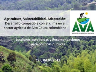 Agricultura, Vulnerabilidad, Adaptación:
 Desarrollo compatible con el clima en el
sector agrícola de Alto Cauca colombiano


       Lecciones aprendidas y Recomendaciones
                para políticas publicas



                    Cali, 04.04.2013
 