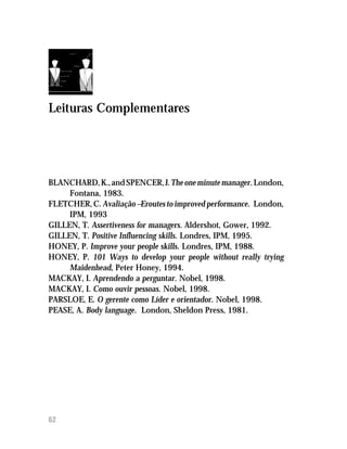 $
Leituras Complementares
BLANCHARD,K.,andSPENCER,J.Theoneminutemanager.London,
Fontana, 1983.
FLETCHER, C. Avaliação — Eroutes to improved performance. London,
IPM, 1993
GILLEN, T. Assertiveness for managers. Aldershot, Gower, 1992.
GILLEN, T. Positive Influencing skills. Londres, IPM, 1995.
HONEY, P. Improve your people skills. Londres, IPM, 1988.
HONEY, P. 101 Ways to develop your people without really trying
Maidenhead, Peter Honey, 1994.
MACKAY, I. Aprendendo a perguntar. Nobel, 1998.
MACKAY, I. Como ouvir pessoas. Nobel, 1998.
PARSLOE, E. O gerente como Líder e orientador. Nobel, 1998.
PEASE, A. Body language. London, Sheldon Press, 1981.
 