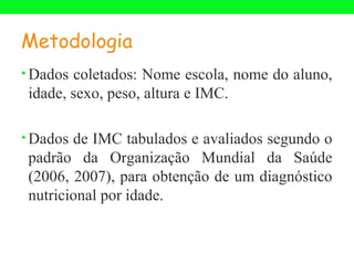 Metodologia
• Dados coletados: Nome escola, nome do aluno,
 idade, sexo, peso, altura e IMC.

• Dados de IMC tabulados e avaliados segundo o
 padrão da Organização Mundial da Saúde
 (2006, 2007), para obtenção de um diagnóstico
 nutricional por idade.
 