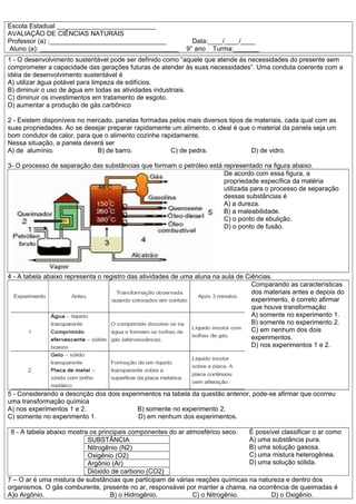 Escola Estadual ___________________________
AVALIAÇÃO DE CIÊNCIAS NATURAIS
Professor (a) :________________________________ Data:____/____/____
Aluno (a): ______________________________________ 9° ano Turma:_______
1 - O desenvolvimento sustentável pode ser definido como “aquele que atende às necessidades do presente sem
comprometer a capacidade das gerações futuras de atender às suas necessidades”. Uma conduta coerente com a
idéia de desenvolvimento sustentável é
A) utilizar água potável para limpeza de edifícios.
B) diminuir o uso de água em todas as atividades industriais.
C) diminuir os investimentos em tratamento de esgoto.
D) aumentar a produção de gás carbônico
2 - Existem disponíveis no mercado, panelas formadas pelos mais diversos tipos de materiais, cada qual com as
suas propriedades. Ao se desejar preparar rapidamente um alimento, o ideal é que o material da panela seja um
bom condutor de calor, para que o alimento cozinhe rapidamente.
Nessa situação, a panela deverá ser
A) de alumínio. B) de barro. C) de pedra. D) de vidro.
3- O processo de separação das substâncias que formam o petróleo está representado na figura abaixo.
De acordo com essa figura, a
propriedade específica da matéria
utilizada para o processo de separação
dessas substâncias é
A) a dureza.
B) a maleabilidade.
C) o ponto de ebulição.
D) o ponto de fusão.
4 - A tabela abaixo representa o registro das atividades de uma aluna na aula de Ciências.
Comparando as características
dos materiais antes e depois do
experimento, é correto afirmar
que houve transformação
A) somente no experimento 1.
B) somente no experimento 2.
C) em nenhum dos dois
experimentos.
D) nos experimentos 1 e 2.
5 - Considerando a descrição dos dois experimentos na tabela da questão anterior, pode-se afirmar que ocorreu
uma transformação química
A) nos experimentos 1 e 2. B) somente no experimento 2.
C) somente no experimento 1. D) em nenhum dos experimentos.
6 - A tabela abaixo mostra os principais componentes do ar atmosférico seco.
SUBSTÂNCIA
Nitrogênio (N2)
Oxigênio (O2)
Argônio (Ar)
Dióxido de carbono (CO2)
É possível classificar o ar como
A) uma substância pura.
B) uma solução gasosa.
C) uma mistura heterogênea.
D) uma solução sólida.
7 – O ar é uma mistura de substâncias que participam de várias reações químicas na natureza e dentro dos
organismos. O gás comburente, presente no ar, responsável por manter a chama, na ocorrência de queimadas é
A)o Argônio. B) o Hidrogênio. C) o Nitrogênio. D) o Oxigênio.
 