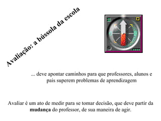 o la
                                           e sc
                                    a da
                             ssol
                      a bú
               ã o:
       li aç
A va
                 ... deve apontar caminhos para que professores, alunos e
                         pais superem problemas de aprendizagem



Avaliar é um ato de medir para se tomar decisão, que deve partir da
          mudança do professor, de sua maneira de agir.
 