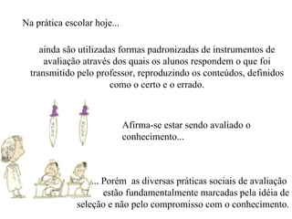 Na prática escolar hoje...

     ainda são utilizadas formas padronizadas de instrumentos de
      avaliação através dos quais os alunos respondem o que foi
  transmitido pelo professor, reproduzindo os conteúdos, definidos
                        como o certo e o errado.



                             Afirma-se estar sendo avaliado o
                             conhecimento...



                  ... Porém as diversas práticas sociais de avaliação
                      estão fundamentalmente marcadas pela idéia de
              seleção e não pelo compromisso com o conhecimento.
 