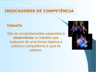 INDICADORES DE COMPETÊNCIA

Conceito
São os comportamentos esperados e
observáveis no trabalho que
traduzem de uma forma objetiva e
prática a competência à qual se
referem.

 