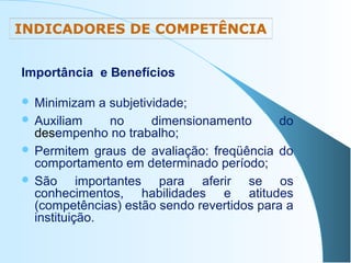 INDICADORES DE COMPETÊNCIA
Importância e Benefícios
 Minimizam

a subjetividade;
 Auxiliam
no
dimensionamento
do
desempenho no trabalho;
 Permitem graus de avaliação: freqüência do
comportamento em determinado período;
 São
importantes para aferir se os
conhecimentos, habilidades e atitudes
(competências) estão sendo revertidos para a
instituição.

 