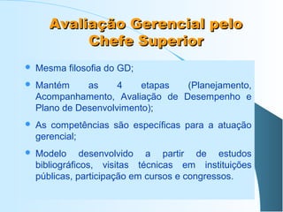 Avaliação Gerencial pelo
Chefe Superior


Mesma filosofia do GD;



Mantém
as
4
etapas
(Planejamento,
Acompanhamento, Avaliação de Desempenho e
Plano de Desenvolvimento);



As competências são específicas para a atuação
gerencial;



Modelo desenvolvido a partir de estudos
bibliográficos, visitas técnicas em instituições
públicas, participação em cursos e congressos.

 