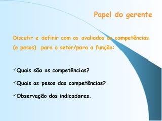 Papel do gerente
Discutir e definir com os avaliados as competências
(e pesos) para o setor/para a função:

Quais

são as competências?

Quais

os pesos das competências?

Observação

dos indicadores.

 
