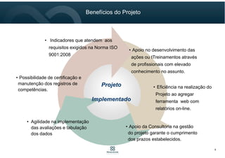 Projeto
Implementado
• Apoio no desenvolvimento das
ações ou Treinamentos através
de profissionais com elevado
conhecimento no assunto.
• Possibilidade de certificação e
manutenção dos registros de
competências.
• Eficiência na realização do
Projeto ao agregar
ferramenta web com
relatórios on-line.
• Apoio da Consultoria na gestão
do projeto garante o cumprimento
dos prazos estabelecidos.
• Agilidade na implementação
das avaliações e tabulação
dos dados
• Indicadores que atendem aos
requisitos exigidos na Norma ISO
9001:2008 ou 2015.
Benefícios do Projeto
9
 