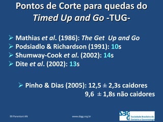 www.sbgg.org.br
Pontos de Corte para quedas do
Timed Up and Go -TUG-
 Mathias et al. (1986): The Get Up and Go
 Podsiadlo & Richardson (1991): 10s
 Shumway-Cook et al. (2002): 14s
 Dite et al. (2002): 13s
 Pinho & Dias (2005): 12,5 ± 2,3s caidores
9,6 ± 1,8s não caidores
99 Parentoni AN
 