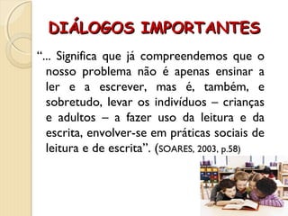 DIÁLOGOS IMPORTANTESDIÁLOGOS IMPORTANTES
“... Significa que já compreendemos que o
nosso problema não é apenas ensinar a
ler e a escrever, mas é, também, e
sobretudo, levar os indivíduos – crianças
e adultos – a fazer uso da leitura e da
escrita, envolver-se em práticas sociais de
leitura e de escrita”. (SOARES, 2003, p.58)
 