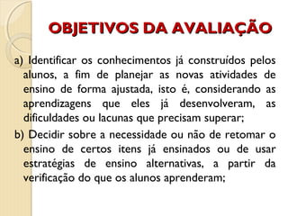 OBJETIVOS DA AVALIAÇÃOOBJETIVOS DA AVALIAÇÃO
a) Identificar os conhecimentos já construídos pelos
alunos, a fim de planejar as novas atividades de
ensino de forma ajustada, isto é, considerando as
aprendizagens que eles já desenvolveram, as
dificuldades ou lacunas que precisam superar;
b) Decidir sobre a necessidade ou não de retomar o
ensino de certos itens já ensinados ou de usar
estratégias de ensino alternativas, a partir da
verificação do que os alunos aprenderam;
 