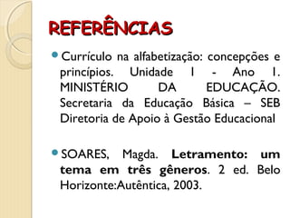 REFERÊNCIASREFERÊNCIAS
Currículo na alfabetização: concepções e
princípios. Unidade 1 - Ano 1.
MINISTÉRIO DA EDUCAÇÃO.
Secretaria da Educação Básica – SEB
Diretoria de Apoio à Gestão Educacional
SOARES, Magda. Letramento: um
tema em três gêneros. 2 ed. Belo
Horizonte:Autêntica, 2003.
 
