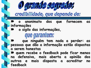 O grande segredo: o anonimato dos que fornecem as informações o sigilo das informações, que ninguém tem nada a perder: as pessoas que dão a informação estão dispostas a serem honestas quem recebe o feedback pode ficar menos na defensiva, mais aberta a opinião dos outros e mais disposta a acreditar no feedback credibilidade, que depende de: que garantem: 