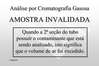 Análise por Cromatografia Gasosa
AMOSTRA INVALIDADA
Quando a 2ª seção do tubo
possuir o contaminante que está
sendo analisado, isto significa
que o volume de ar foi excedido.
Luttgardes
 