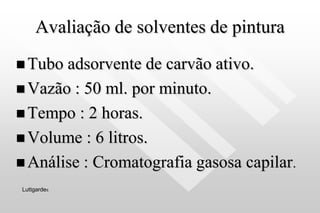 Avaliação de solventes de pintura
 Tubo adsorvente de carvão ativo.
 Vazão : 50 ml. por minuto.
 Tempo : 2 horas.
 Volume : 6 litros.
 Análise : Cromatografia gasosa capilar.
Luttgardes
 