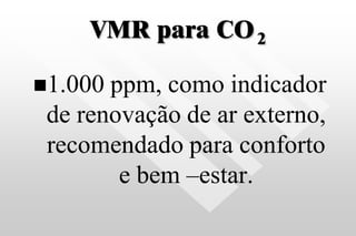 VMR para CO2
1.000 ppm, como indicador
de renovação de ar externo,
recomendado para conforto
e bem –estar.
 