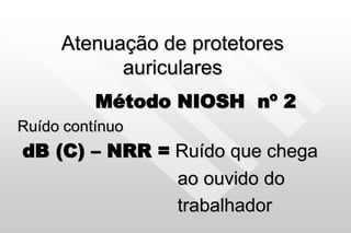 Atenuação de protetores
auriculares
Método NIOSH nº 2
Ruído contínuo
dB (C) – NRR = Ruído que chega
ao ouvido do
trabalhador
 