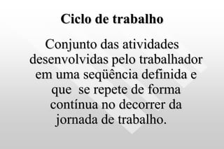 Ciclo de trabalho
Conjunto das atividades
desenvolvidas pelo trabalhador
em uma seqüência definida e
que se repete de forma
contínua no decorrer da
jornada de trabalho.
 