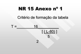 NR 15 Anexo nº 1
Critério de formação da tabela
T = 16__________
[ ( L-80) ]
5
2
 