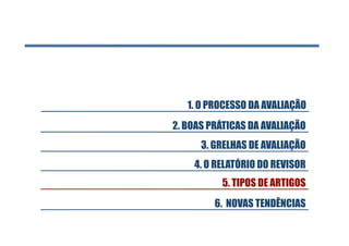 1. O PROCESSO DA AVALIAÇÃO
2. BOAS PRÁTICAS DA AVALIAÇÃO
      3. GRELHAS DE AVALIAÇÃO
    4. O RELATÓRIO DO REVISOR
          5. TIPOS DE ARTIGOS
         6. NOVAS TENDÊNCIAS
 