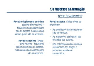 1. O PROCESSO DA AVALIAÇÃO

                                          NÍVEIS DE ANONIMATO:

Revisão duplamente anónima        Revisão aberta. Vários níveis de
        (double-blind review) –   anonimato:
   Revisores não sabem quem
                                  •  As identidades das duas partes
  são os autores e autores não
                                     são conhecidas.
 sabem quem são os revisores.
                                  •  As avaliações, assinadas, são
    Revisão anónima (single-         enviadas aos autores.
     blind review) – Revisores    •  São colocadas on-line versões
  sabem quem são os autores,         preliminares dos artigos e
 mas autores não sabem quem          pedem-se revisões e
              são os revisores.      comentários.
 