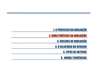 1. O PROCESSO DA AVALIAÇÃO
2. BOAS PRÁTICAS DA AVALIAÇÃO
      3. GRELHAS DE AVALIAÇÃO
    4. O RELATÓRIO DO REVISOR
          5. TIPOS DE ARTIGOS
         6. NOVAS TENDÊNCIAS
 