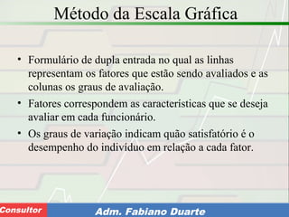 Consultoria de Planejamento - CPLAN
Secretaria de Estado da Administração - SEAConsultor Adm. Fabiano Duarte
Método da Escala Gráfica
• Formulário de dupla entrada no qual as linhas
representam os fatores que estão sendo avaliados e as
colunas os graus de avaliação.
• Fatores correspondem as características que se deseja
avaliar em cada funcionário.
• Os graus de variação indicam quão satisfatório é o
desempenho do indivíduo em relação a cada fator.
 