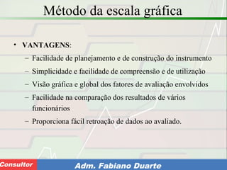 Consultoria de Planejamento - CPLAN
Secretaria de Estado da Administração - SEAConsultor Adm. Fabiano Duarte
Método da escala gráfica
• VANTAGENS:
– Facilidade de planejamento e de construção do instrumento
– Simplicidade e facilidade de compreensão e de utilização
– Visão gráfica e global dos fatores de avaliação envolvidos
– Facilidade na comparação dos resultados de vários
funcionários
– Proporciona fácil retroação de dados ao avaliado.
 